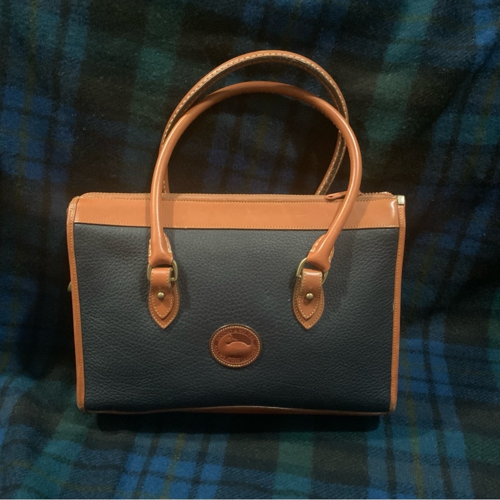 Dooney & Bourke Satchel Handbag Purse Vintage 80's Navy Blue Tan Double Handles